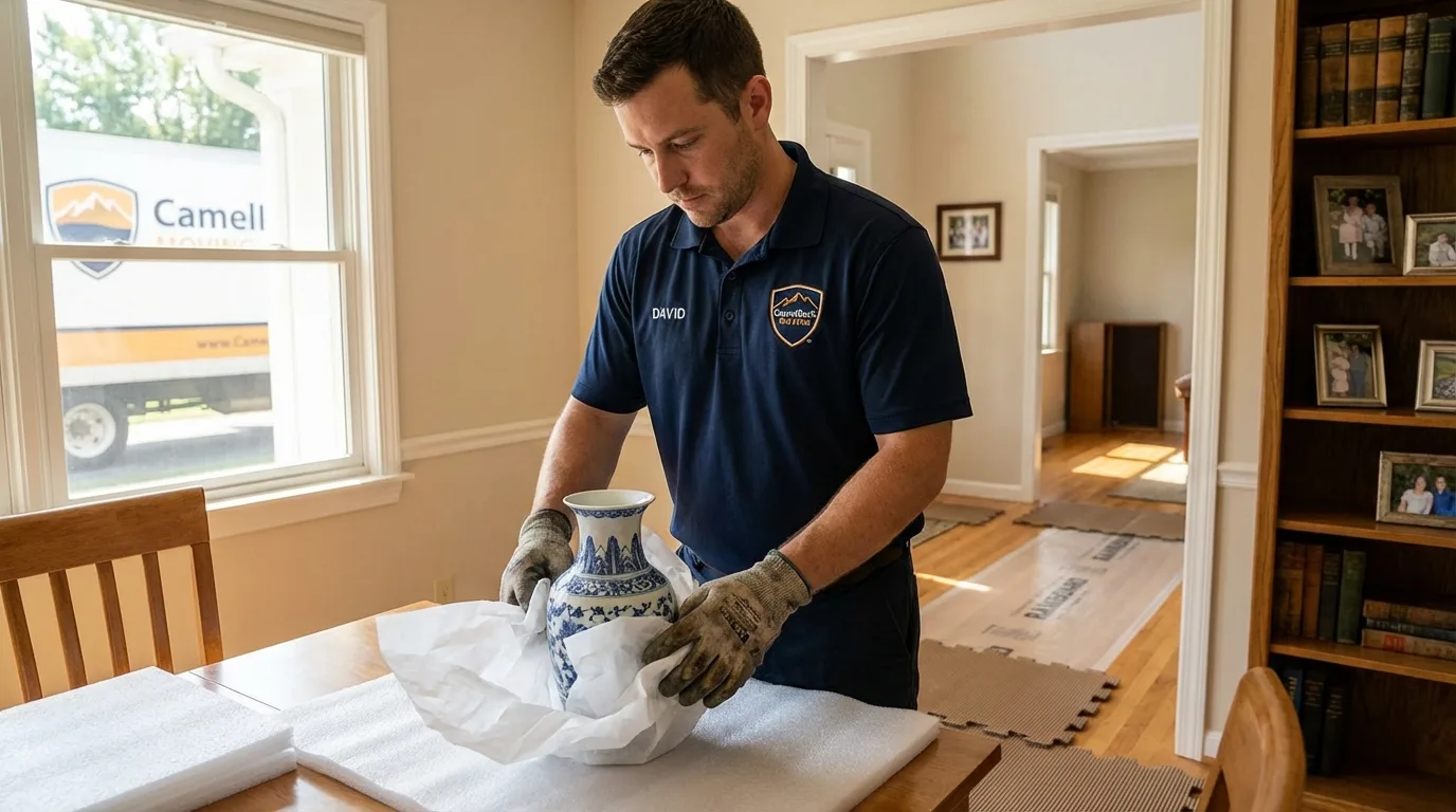 Professional crew carefully wrapping antique vase for senior downsizing move in Water Valley, MS